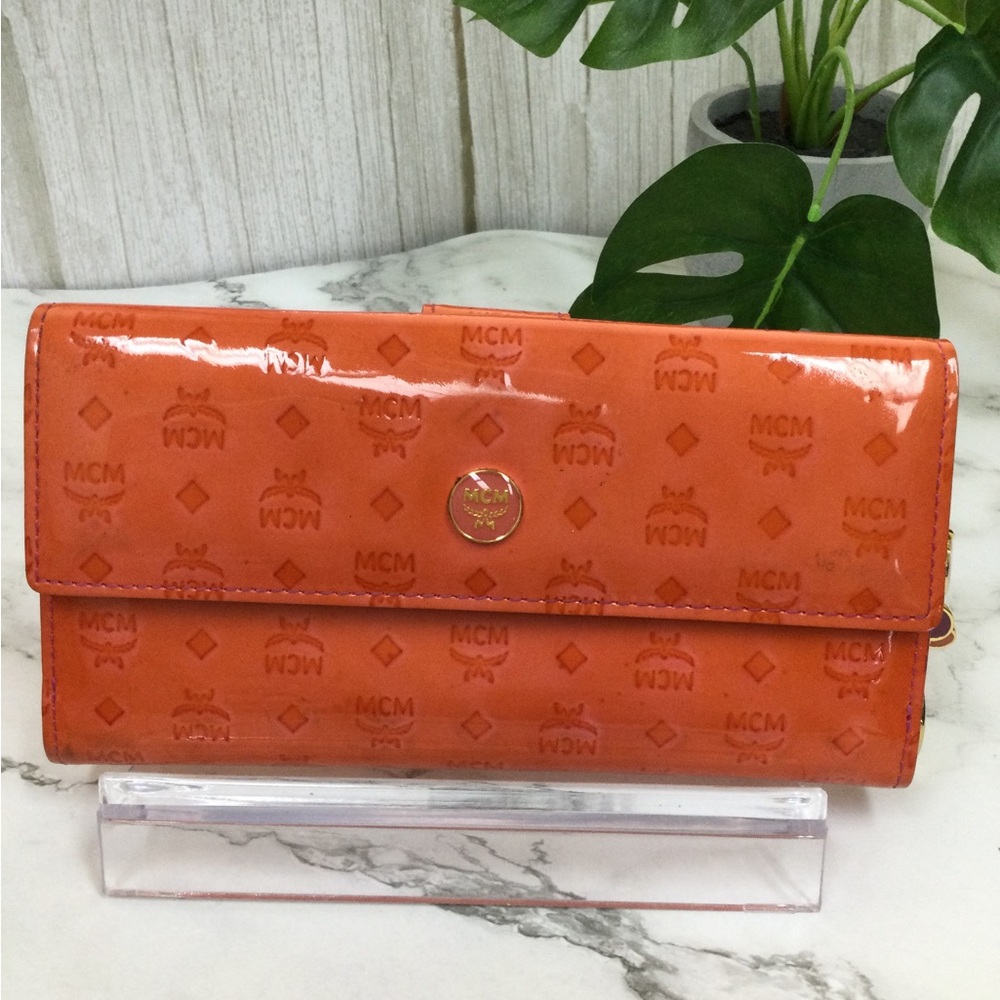 MCM Orange Patent Trifold Wallet w/ Charmes